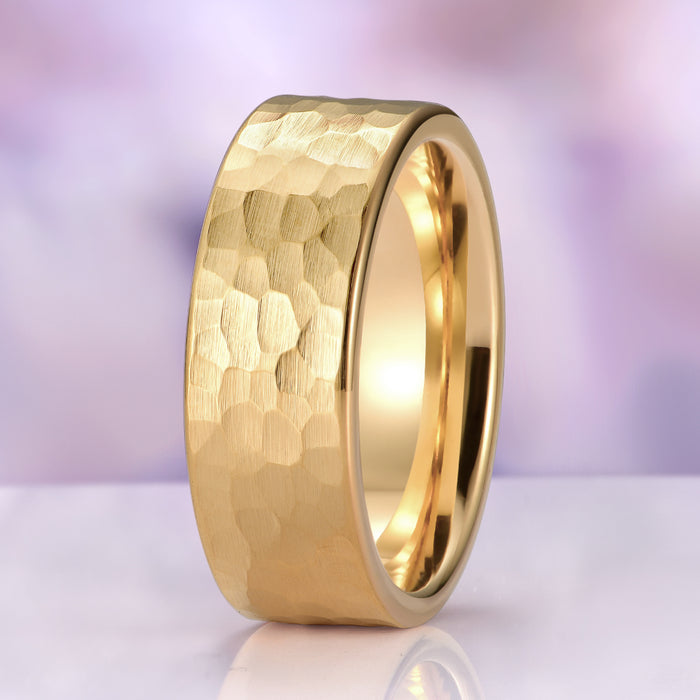 Champagne Moissanite Lotus Couples Ring Set from Aquamarise, featuring a hammered textured yellow gold band with a smooth polished interior, part of Matching Couples' Rings, Best Selling Jewelry, and Nature-Inspired Couple Rings collections.