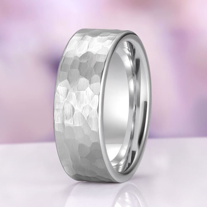 Hammered Wedding Band in Tungsten Carbide (8mm) by Aquamarise, featuring a brushed hammered texture with polished edges and a comfort-fit interior, part of Men's Wedding Bands, Tungsten Carbide Men's Wedding Bands, and Minimalist Jewelry collections.