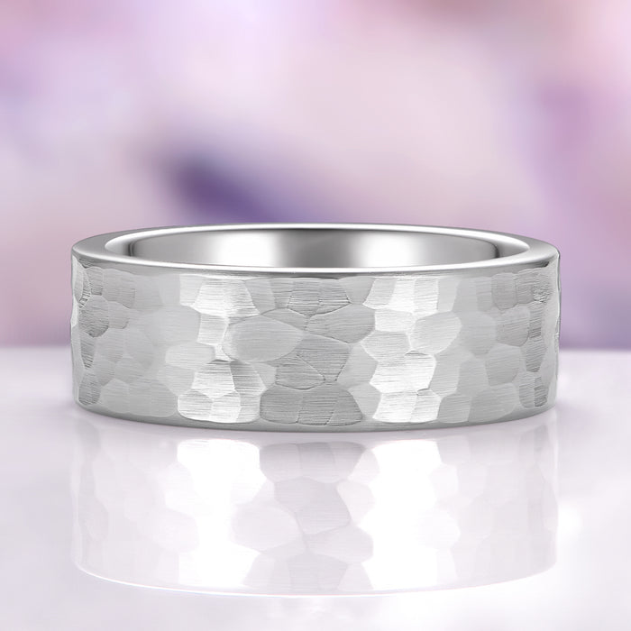 Hammered Wedding Band in Tungsten Carbide (8mm) by Aquamarise, showcasing a brushed hammered texture with polished edges and a smooth comfort-fit interior, featured among Men's Wedding Bands, Tungsten Carbide Men's Wedding Bands, and Minimalist Jewelry collections.