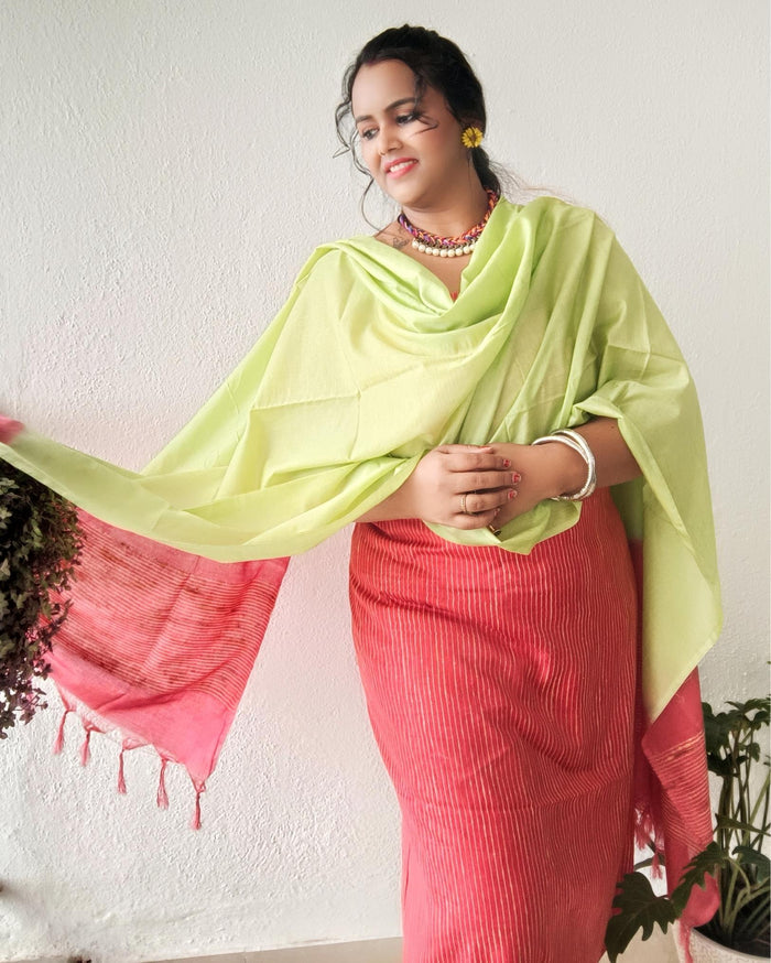 Katan Silk Suit Piece Red and Green Color with Bottom and Dupatta-Indiehaat