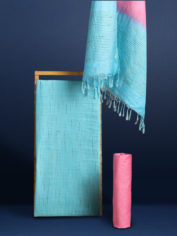Handdyed Katan Silk Blue & Pink Contrast Suit (T+B+D)
