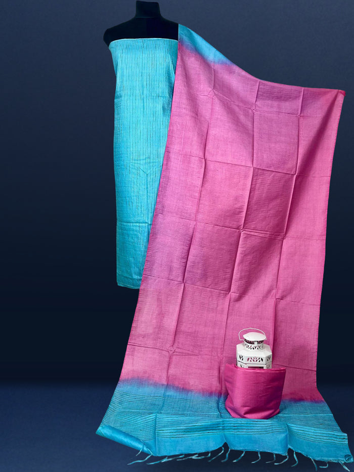 Handdyed Katan Silk Blue & Pink Contrast Suit (T+B+D)