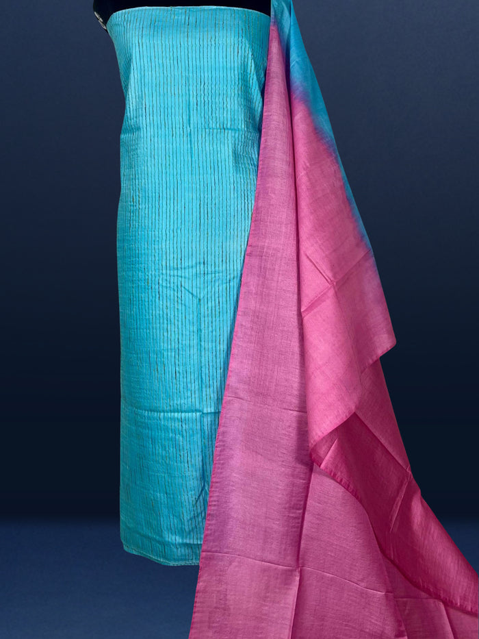 Handdyed Katan Silk Blue & Pink Contrast Suit (T+B+D)