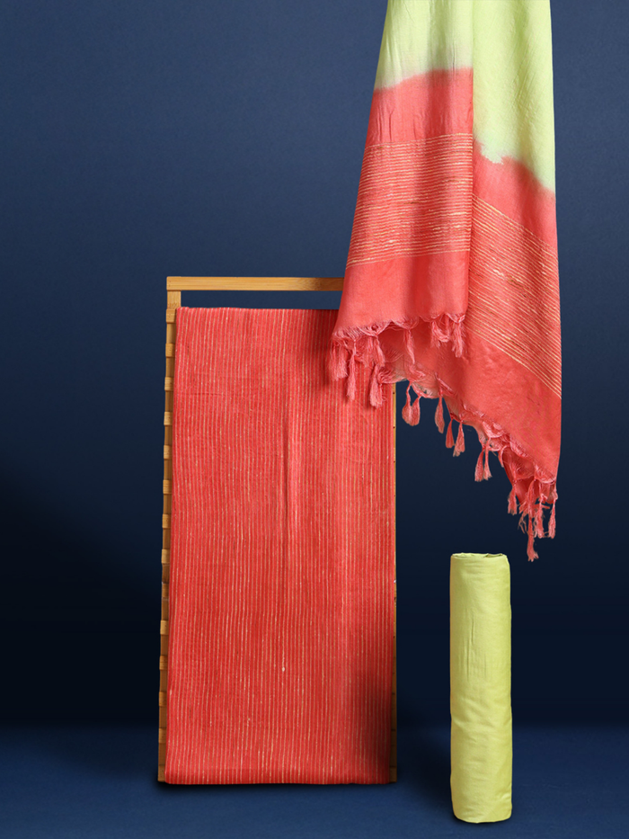 Handdyed Katan Silk Red & Green Contrast Suit