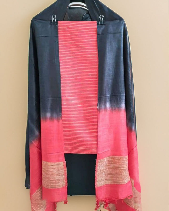Handdyed Katan Silk Warm Red & Black Contrast Suit