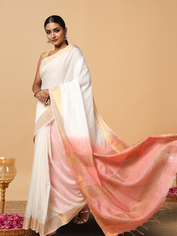 Handloom Kota Silk Serene Beige & Rust Orange Saree