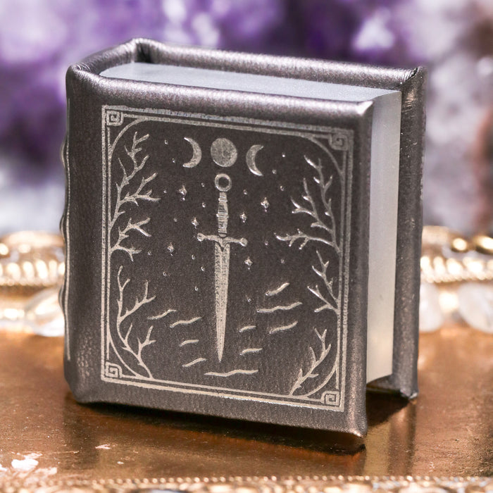 Thornwood Bronze handmade leather book ring box by Aquamarise with embossed sword cover and metallic bronze detailing