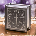 Thornwood Bronze handmade leather book ring box by Aquamarise with embossed sword cover and metallic bronze detailing