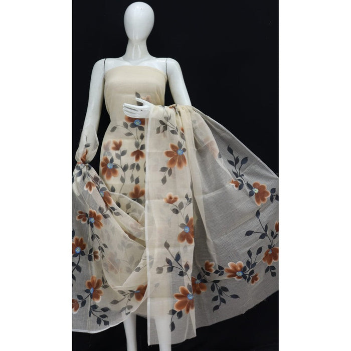 Kota Doria Cream Suit Material 2 Piece Hand Painted (Only Top And Dupatta)-Indiehaat