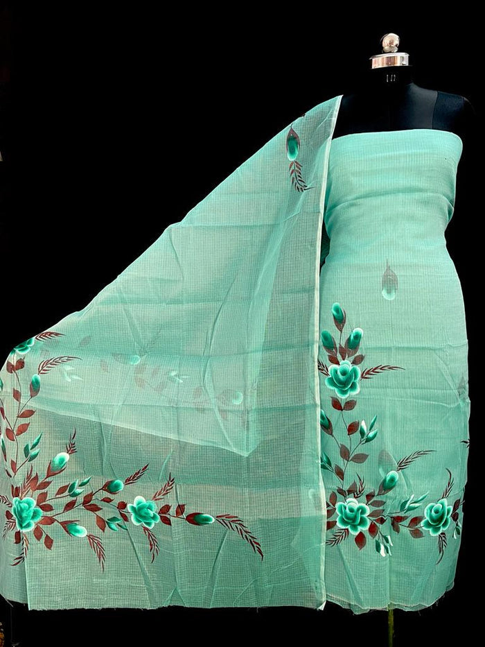 Kota Doria Hand Painted Suit Material Pale Blue Colour (TOP+DUPATTA+BOTTOM)-Indiehaat