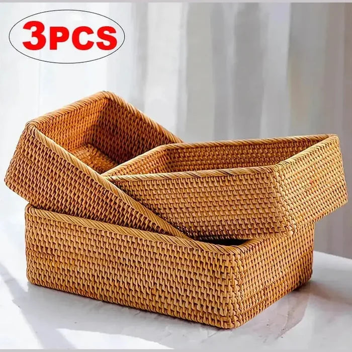 Handwoven rattan storage basket set of 3, perfect for organizing and adding warmth to any room.