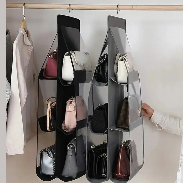 hanging handbag organizer for closet with clear-view pockets and stylish bags displayed