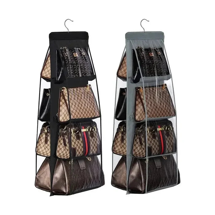 Hanging handbag organizer with six clear-view pockets for closet storage.