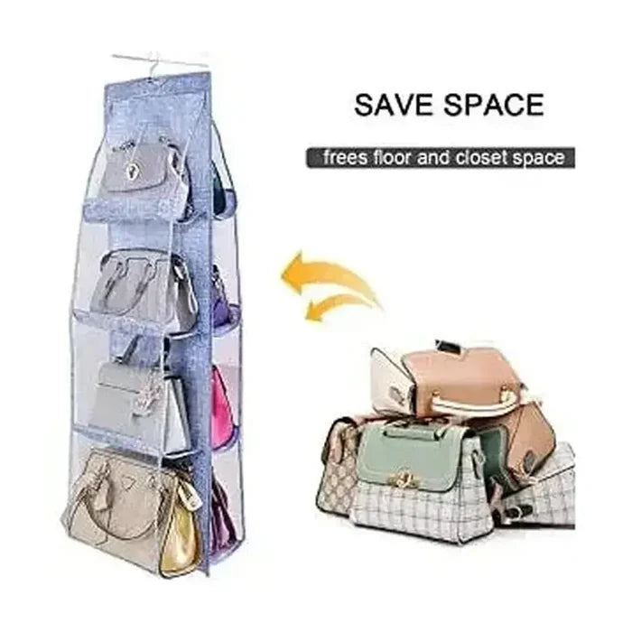 Hanging handbag organizer displaying six bags in clear pockets, designed to save space in closets.