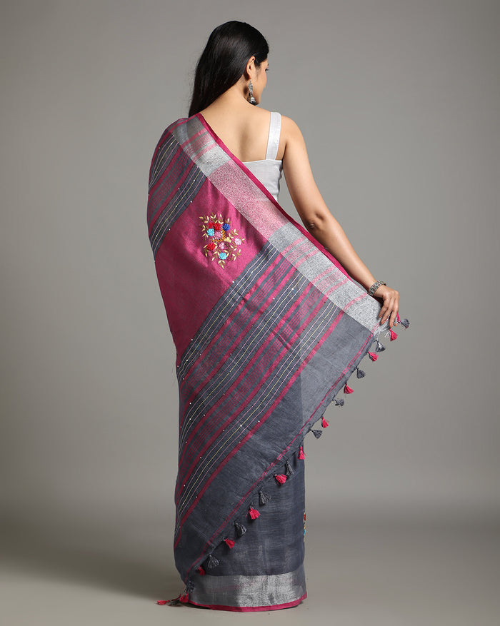 Harmonious Pure Linen Floral Embroidered Red Saree
