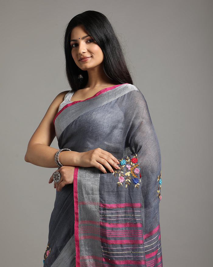 Harmonious Pure Linen Floral Embroidered Red Saree