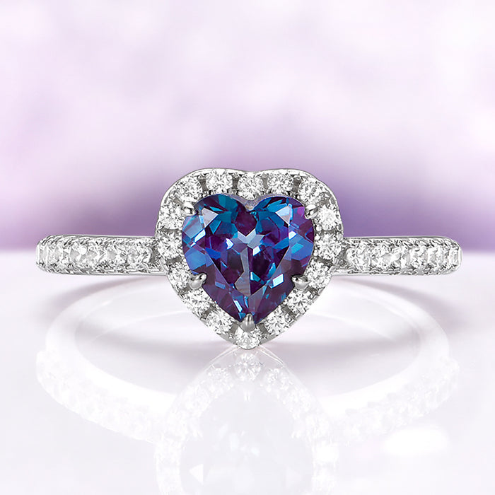 Heart Alexandrite Promise Ring in Sterling Silver by Aquamarise, featuring a heart-cut color-changing alexandrite with accent stones