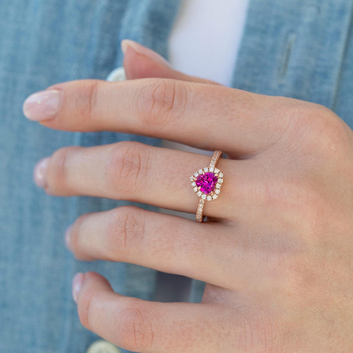 Heart Cut Ruby Promise Ring in 14K Rose Gold Vermeil by Aquamarise, featuring a vibrant heart-shaped ruby surrounded by delicate rose gold and sparkling diamond accents.