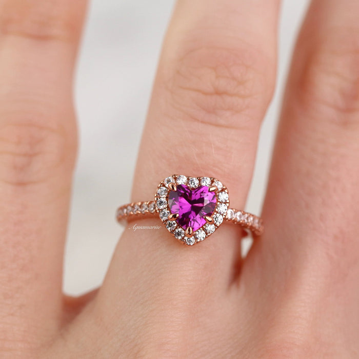 Heart Cut Ruby Promise Ring in 14K Rose Gold Vermeil by Aquamarise, featuring a vibrant heart-shaped ruby surrounded by sparkling diamonds on a delicate rose gold band.