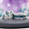 Hexagon Coffin Green Moss Agate Couples Ring Set by Aquamarise, featuring a unique hexagonal green moss agate with silver accents and a matching textured band for his and hers rings.