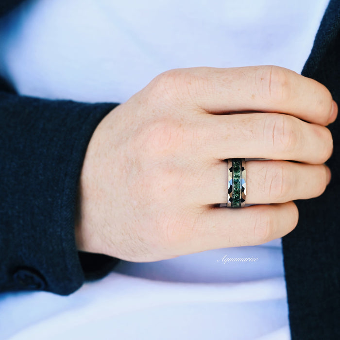 Hand wearing a Hexagon Coffin Green Moss Agate Couples Ring Set by Aquamarise, showcasing a nature-inspired green gemstone ring with hexagon design, symbolizing matching couples' jewelry.
