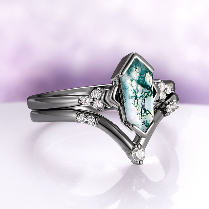 Hexagon Coffin Green Moss Agate Couples Ring Set featuring a unique green moss agate stone with black finish and diamond accents by Aquamarise, part of Matching Couples' Rings collection.