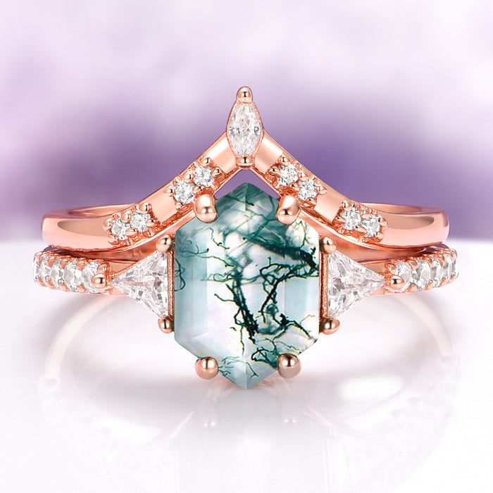 Hexagon Cut Green Moss Agate Engagement Ring Set in 14K Solid Rose Gold by Aquamarise Gold, featuring a vintage-inspired green moss agate stone with diamond accents in a nature-themed design.