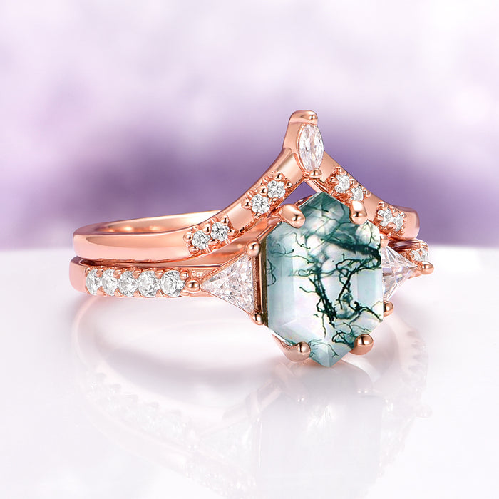 Hexagon Cut Green Moss Agate Engagement Ring Set in 14K Solid Rose Gold by Aquamarise Gold, featuring a nature-inspired green moss agate with diamond accents and geometric rose gold bands.
