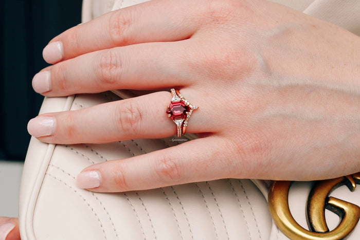 Hexagon Ruby Engagement Ring Set in 14K Solid Rose Gold by Aquamarise Gold, featuring a hexagon-cut lab-grown ruby with diamond accents on a delicate rose gold band.