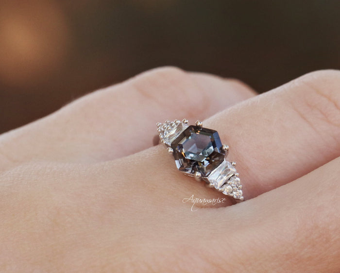 Hexagon Simulated Gray Diamond Ring in Sterling Silver by Aquamarise featuring a hexagon-cut gray simulated diamond with baguette and round accents on a polished sterling silver band.
