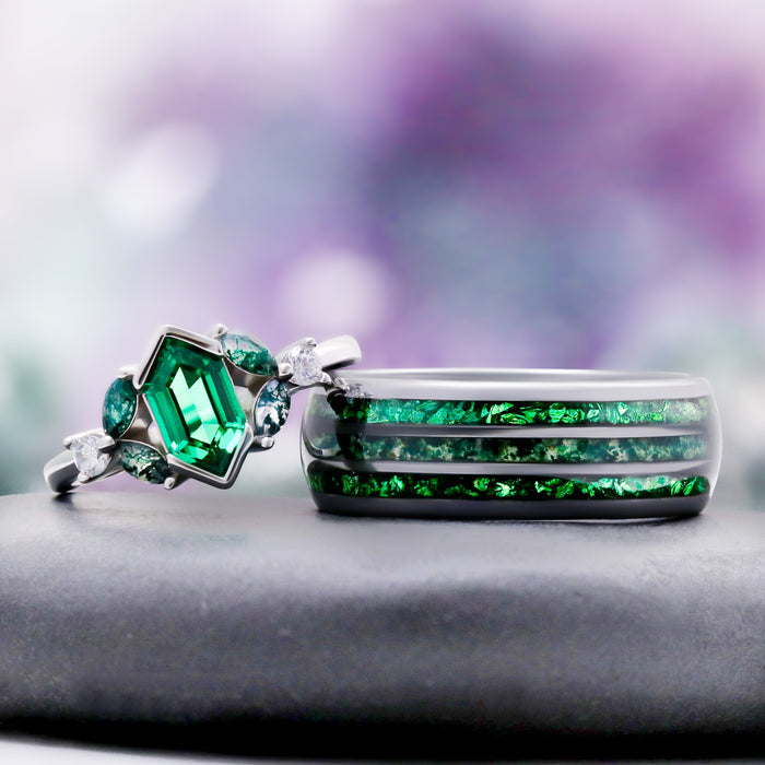Hexagon emerald and moss agate couples ring set in silver and tungsten