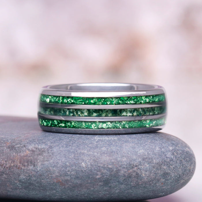 Hexagon Emerald & Moss Agate Couples Ring Set featuring crushed green emerald and moss agate inlays set in a polished silver band by Aquamarise, symbolizing lasting unity.