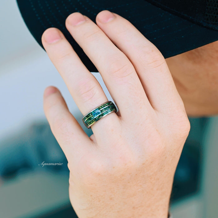 Hexagon Emerald & Moss Agate Couples Ring Set worn on hand, featuring vibrant green emerald and moss agate inlays in a polished silver band by Aquamarise.
