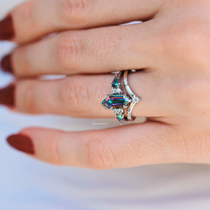 Hexagon Kite Mystic Topaz Engagement Ring Set in 14K White Gold featuring a colorful kite-cut mystic topaz accented by sparkling white diamonds on a polished white gold band by Aquamarise Gold, part of Solid Gold Engagement Rings and November Birthstone collections.