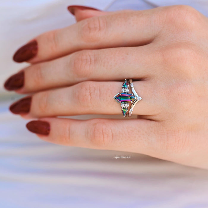 Hexagon Kite Mystic Topaz Engagement Ring Set in 14K White Gold featuring a vibrant, multi-colored kite-cut mystic topaz accented by sparkling white diamonds on a polished white gold band by Aquamarise Gold, part of Solid Gold Engagement Rings, November Birthstone, and Non-Traditional Gemstone Engagement Rings collections.