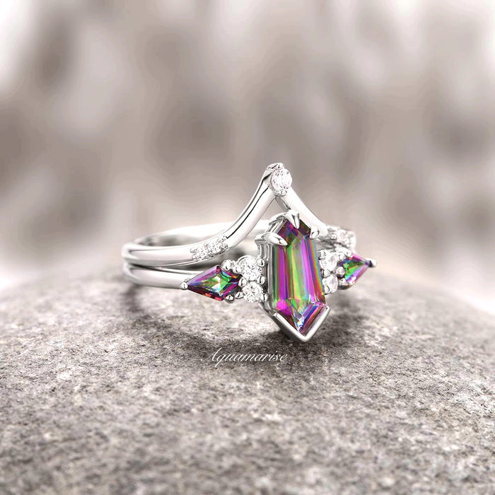 Hexagon Kite Mystic Topaz Engagement Ring Set in 14K White Gold featuring a vibrant coffin-cut mystic topaz with rainbow hues, accented by sparkling white diamonds on a polished white gold band by Aquamarise Gold, part of Solid Gold Engagement Rings and November Birthstone collections.