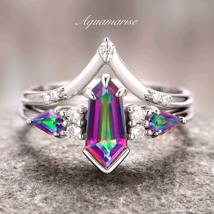 Hexagon Kite Mystic Topaz Engagement Ring Set in 14K White Gold featuring a vibrant coffin-cut mystic topaz with striking rainbow hues, accented by sparkling white diamonds on a polished white gold band by Aquamarise Gold, part of Solid Gold Engagement Rings, November Birthstone, and Non-Traditional Gemstone Engagement Rings collections.