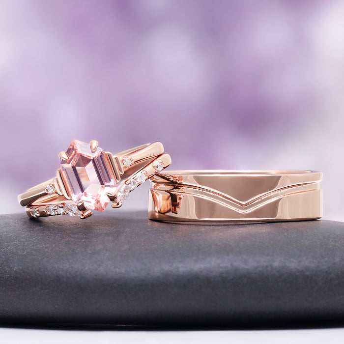 Hexagon Morganite Engagement Ring Set in 14K Solid Rose Gold featuring a blush pink hexagon morganite with delicate diamond accents paired with a sleek rose gold band by Aquamarise Gold.