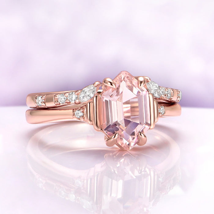 Hexagon Morganite Engagement Ring Set in 14K Solid Rose Gold featuring a blush pink hexagon morganite with diamond accents on rose gold bands by Aquamarise Gold.