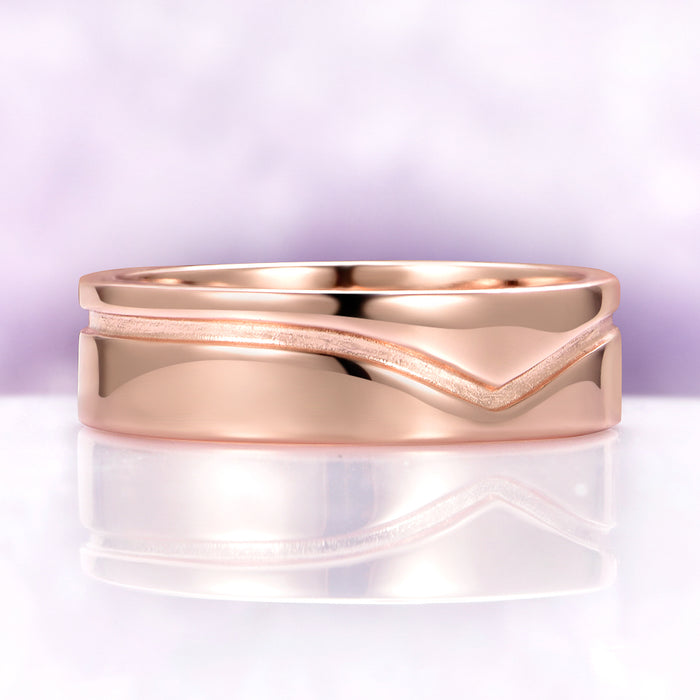 Hexagon Morganite Couples Ring Set featuring a polished rose gold band with a distinctive chevron groove, crafted by Aquamarise for matching couples' rings and meaningful jewelry gifts.