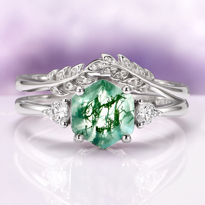 Hexagon Moss Agate Fairy Ring Set in Sterling Silver featuring a hexagon moss agate center with leaf-inspired bands and diamond accents by Aquamarise, nature-inspired and unique design.