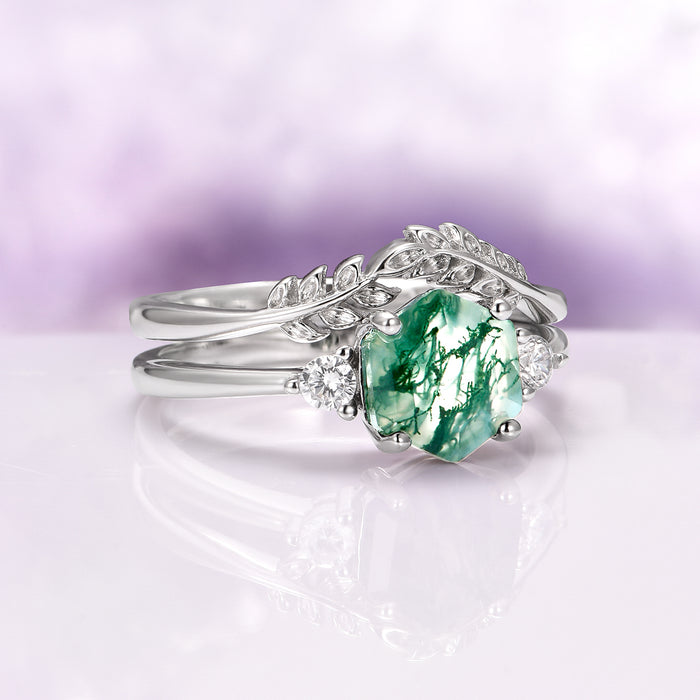 Hexagon Moss Agate Fairy Ring Set in Sterling Silver featuring a hexagonal green moss agate center with leaf motif bands and diamond accents by Aquamarise, nature-inspired and elegant design.