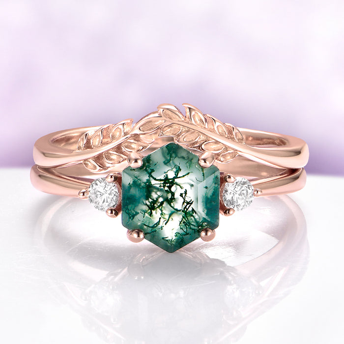 Hexagon Moss Agate & Whiskey Barrel Couples Rings Set featuring a rose gold hexagon moss agate ring with leaf details and complementary bands by Aquamarise in matching couples' rings collection.