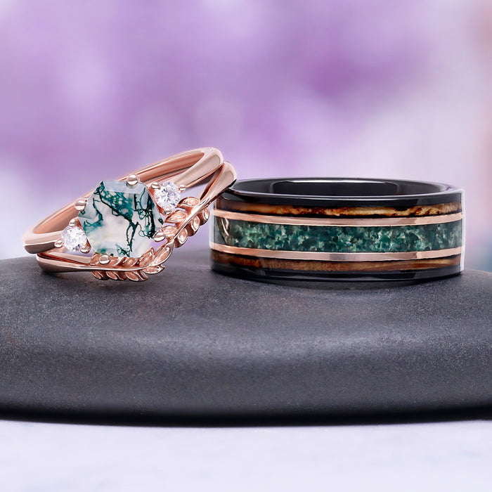 Hexagon Moss Agate & Whiskey Barrel Couples Rings Set featuring a rose gold hexagon moss agate ring with leaf details and a black tungsten band with green moss agate and wood inlay by Aquamarise.