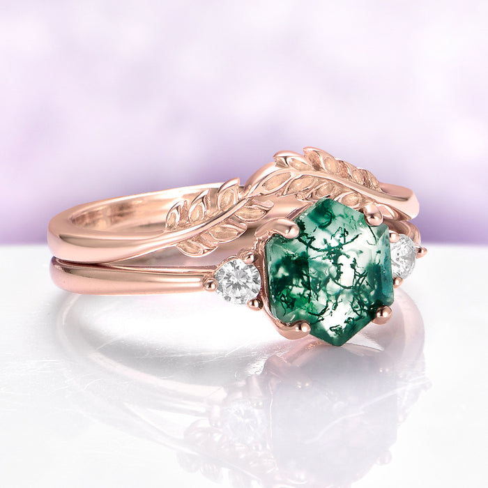 Hexagon Moss Agate & Whiskey Barrel Couples Rings Set featuring a rose gold hexagon-cut moss agate ring with leaf motifs and sparkling diamond accents by Aquamarise.
