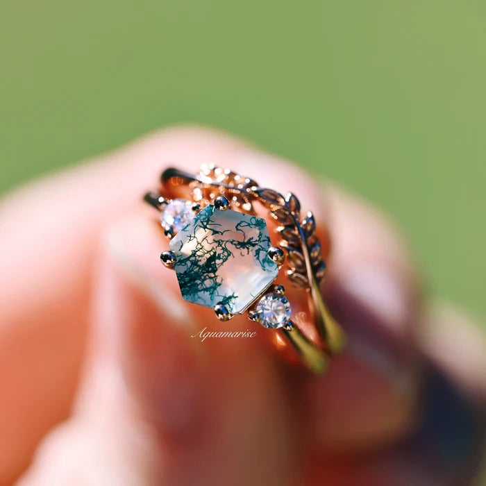 Natural Hexagon Moss Agate Engagement Ring Set- 14K Rose Gold Vermeil by Aquamarise, featuring a hexagon moss agate stone with leaf-inspired rose gold vermeil and sparkling crystal accents.
