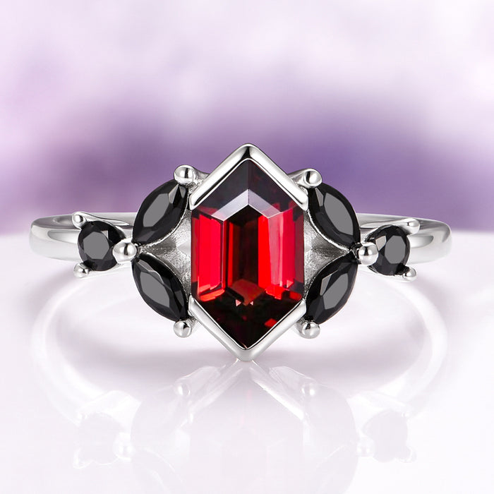 Hexagon Natural Red Garnet & Black Onyx Engagement Ring in 14K White Gold featuring a hexagon-cut red garnet center with marquise and round black onyx accents by Aquamarise Gold.