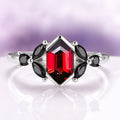 Hexagon Natural Red Garnet & Black Onyx Engagement Ring in 14K White Gold featuring a hexagon-cut red garnet center with marquise and round black onyx accents by Aquamarise Gold.