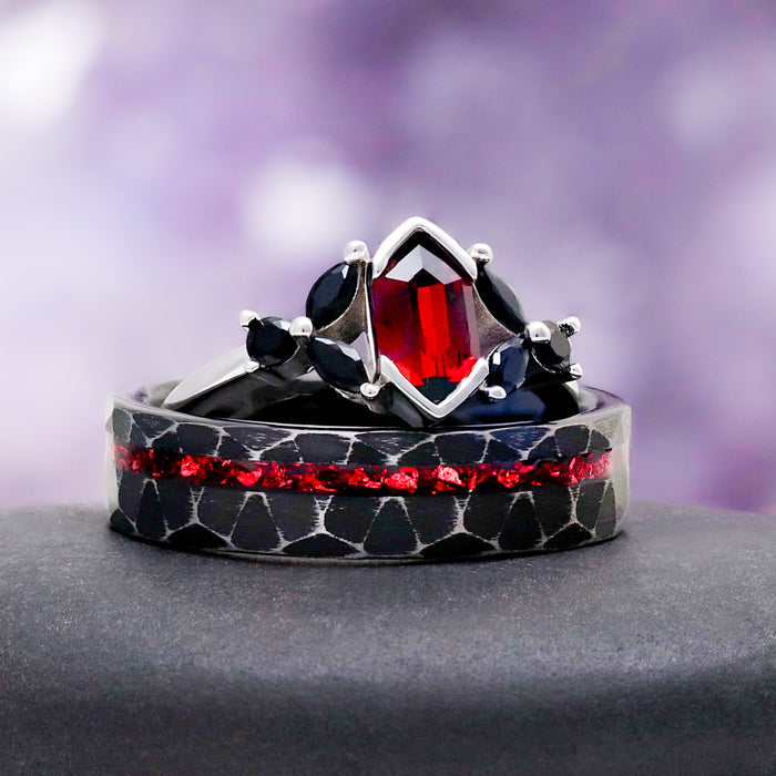 Crushed Red Garnet Dragon Men's Wedding Band in Black Tungsten (6mm) – close-up detail