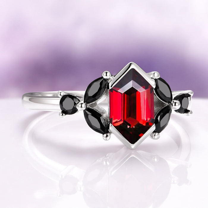 Hexagon Natural Red Garnet & Black Onyx Engagement Ring in 14K White Gold featuring a hexagonal red garnet center with marquise and round black onyx accents by Aquamarise Gold.